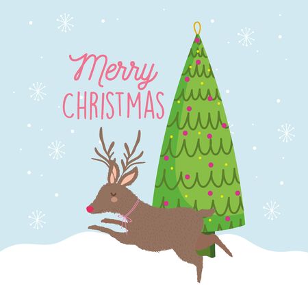 merry christmas celebration reindeer tree with balls snowのイラスト素材