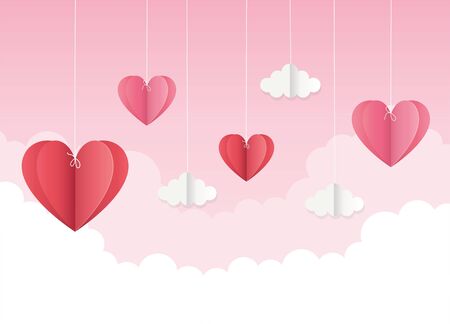 happy valentines day origami hanging hearts cloudsのイラスト素材