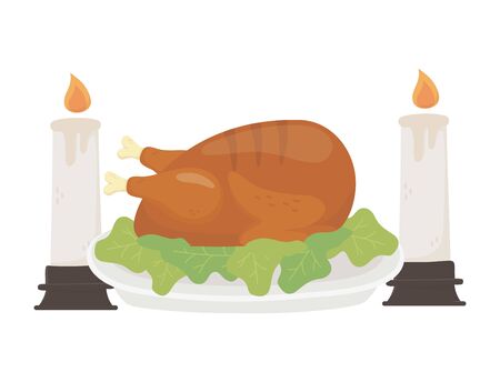 happy thanksgiving day baked turkey burning candles dinnerのイラスト素材