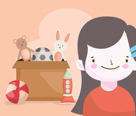 happy little girl with box many toys vector illustrationのイラスト素材