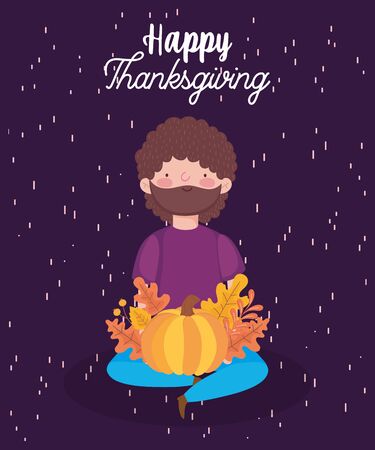 happy thanksgiving day man sitting with pumpkin fall leavesのイラスト素材