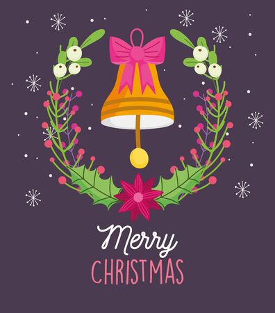 merry christmas celebration bell with bow wreath flower snow vector illustrationのイラスト素材