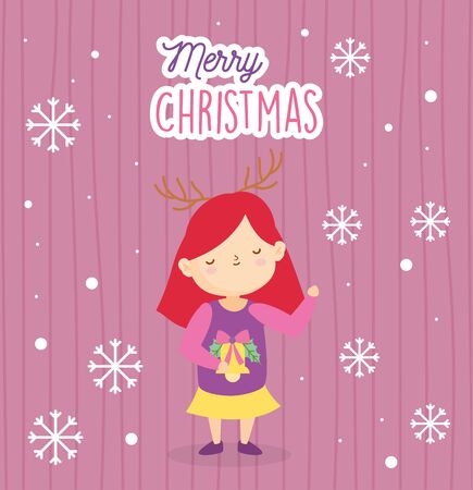 merry christmas little girl with gold bell and ugly sweater vector illustrationのイラスト素材