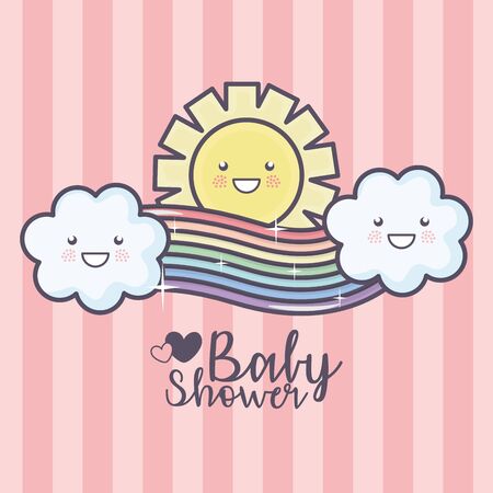 baby shower cartoon rainbow clouds sun sky pink stripes background vector illustrationのイラスト素材