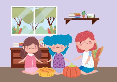 smiling kids with cake and pumpkin happy thanksgiving celebration vector illustrationのイラスト素材