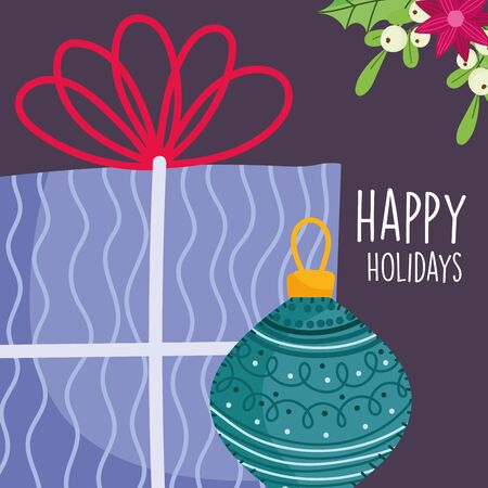 merry christmas celebration purple gift box and ball flower decoration vector illustrationのイラスト素材