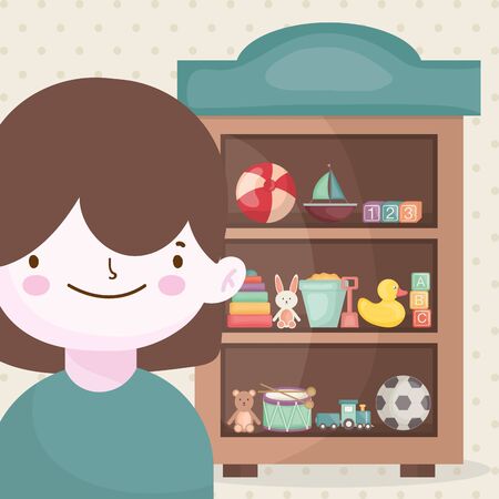 happy little boy and wooden shelf toys vector illustrationのイラスト素材