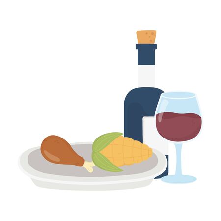 happy thanksgiving day dinner wine bottle corn and turkey leg vector illustrationのイラスト素材