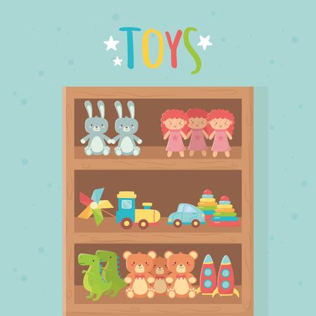 wooden shelf rocket bear doll rabbit dinosaur car train toys vector illustrationのイラスト素材