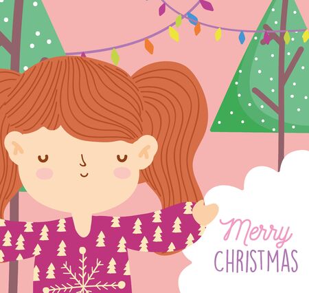 merry christmas girl with ugly sweater trees lights snow vector illustrationのイラスト素材