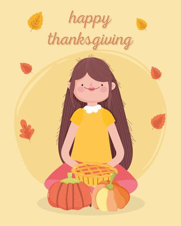 happy thanksgiving day woman sitting with cake and pumpkin vector illustrationのイラスト素材