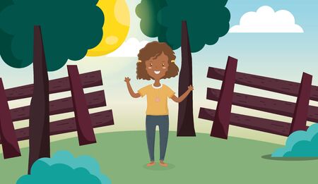 happy woman standing in front wooden fence outdoors vector illustrationのイラスト素材