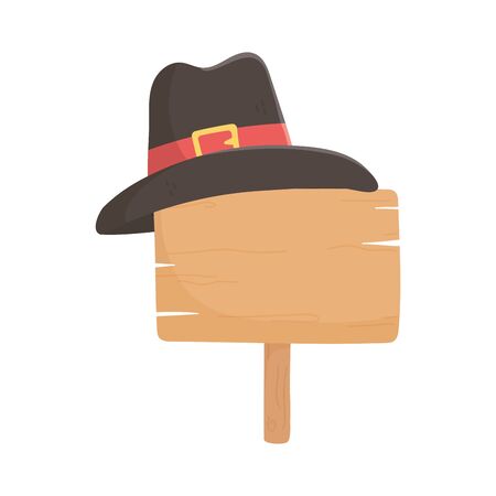 happy thanksgiving day wooden sign pilgrim hat vector illustrationのイラスト素材