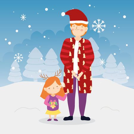 merry christmas father and daughter warm clothes trees snow outdoor vector illustrationのイラスト素材