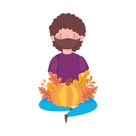 happy thanksgiving day bearded man sitting with pumpkin fall leaves vector illustrationのイラスト素材