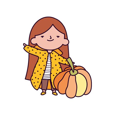 happy thanksgiving day cute little girl with coat and pumpkins vector illustrationのイラスト素材