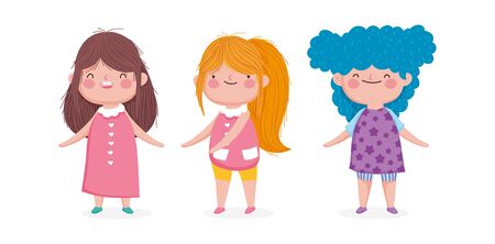 cute three little girl cartoon on white backgroundのイラスト素材