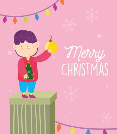 merry christmas boy in gift with ball and lights decorationのイラスト素材