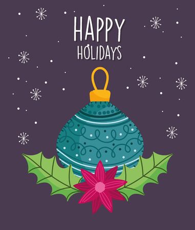 merry christmas celebration green ball flower leaves snowflakesのイラスト素材