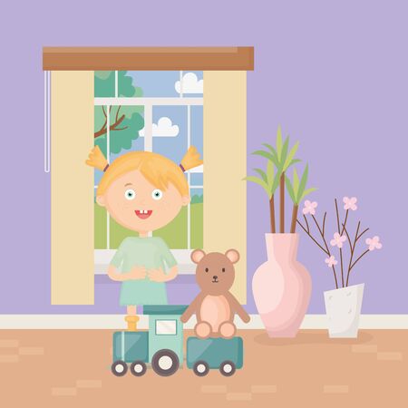 cute girl with train and teddy in the home, kids toysのイラスト素材