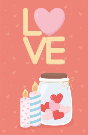 happy valentines day lettering jar hearts candlesのイラスト素材