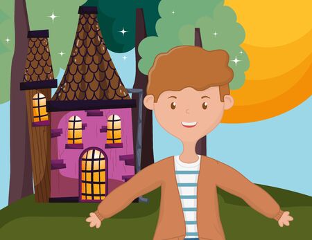 smiling young man standing front country homeのイラスト素材