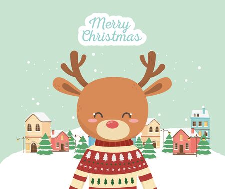 merry christmas celebration cute deer with sweater town snowのイラスト素材