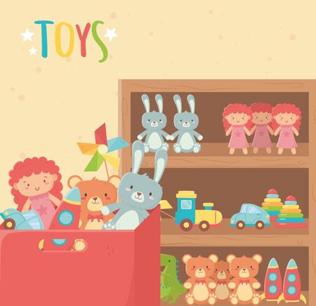 wooden shelf and cardboard box with various toysのイラスト素材
