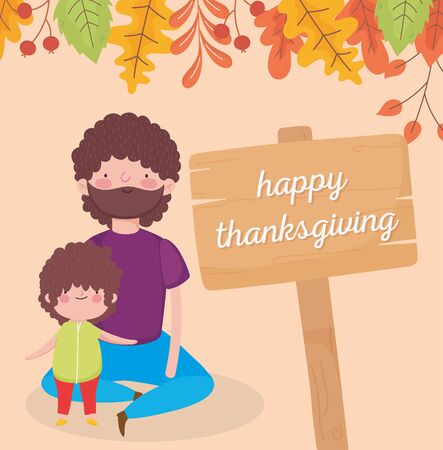 happy thanksgiving day board lettering dad and son foliage autumnのイラスト素材