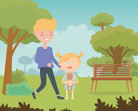 teen and little girl with teddy in the park, kids toysのイラスト素材