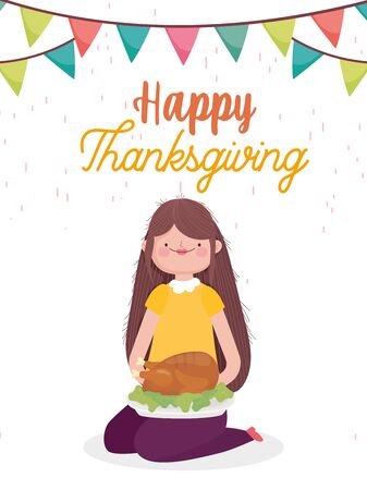 happy thanksgiving day woman on the knees with pumpkinのイラスト素材