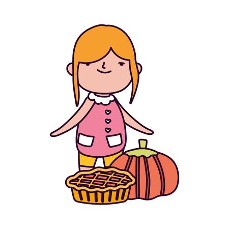 happy thanksgiving day cute little girl with pie and pumpkinのイラスト素材