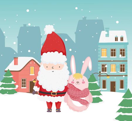 merry christmas celebration cute santa rabbit trees town snowのイラスト素材