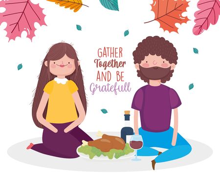 happy thanksgiving day couple sitting with dinner traditionalのイラスト素材
