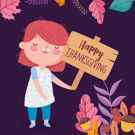 happy thanksgiving day cute girl holding wooden signのイラスト素材