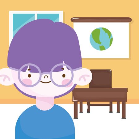 happy little boy wearing glasses desk map in the classroomのイラスト素材