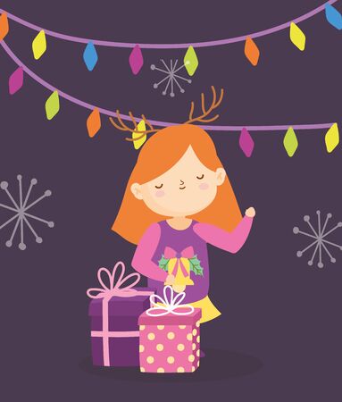 merry christmas little girl with gift boxes lights snowflakes dark backgroundのイラスト素材