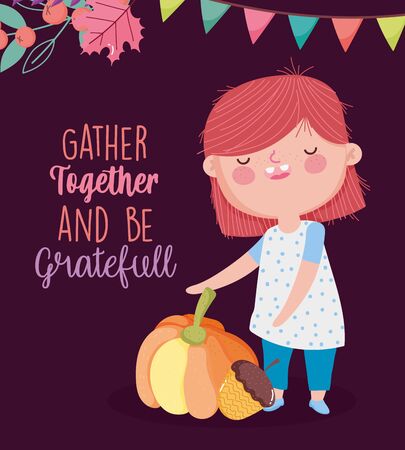 happy thanksgiving day cute girl with pumpkin acorn pennant decorationのイラスト素材