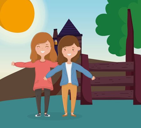 women standing in front wooden fence outdoorsのイラスト素材