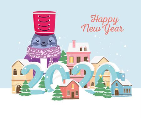 happy new year 2020 celebration cute seal with hat scarf town snowのイラスト素材