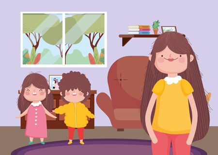 mom with kids living room happy thanksgiving celebrationのイラスト素材