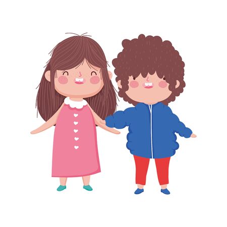 cute little boy and girl hugging on white backgroundのイラスト素材