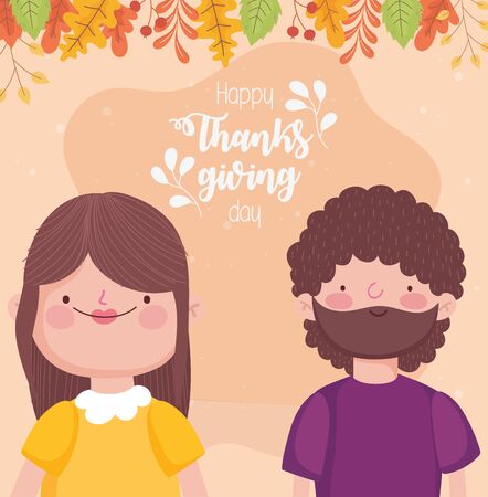 happy thanksgiving day couple fall leaves celebrationのイラスト素材