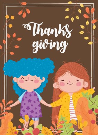 happy thanksgiving day cute girls holding hands fall leavesのイラスト素材