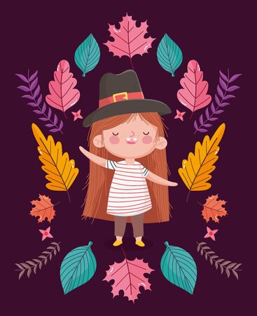 happy thanksgiving day cute little girl wearing pigrim hatのイラスト素材
