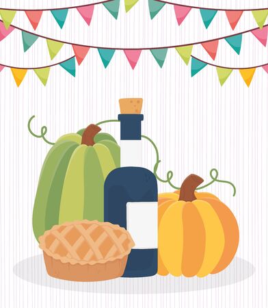 happy thanksgiving day wine apple cake pumpkinsのイラスト素材