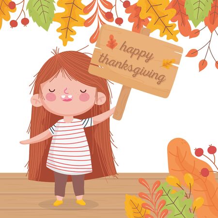 happy thanksgiving day cute girl holding signboard letteringのイラスト素材