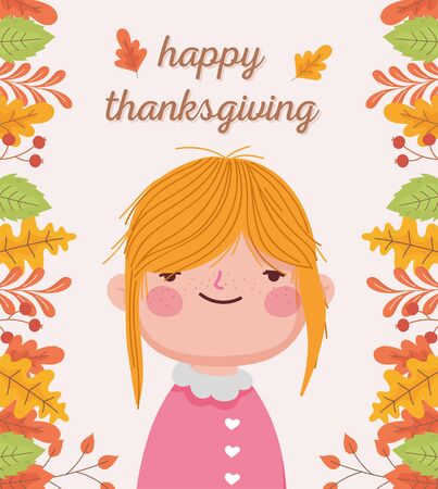 happy thanksgiving day cute girl autumnal foliage decorationのイラスト素材