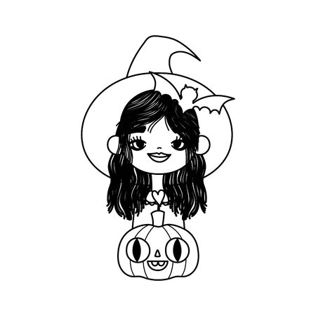 happy halloween celebration girl hat witch bat and pumpkin thick lineのイラスト素材