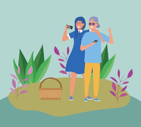 couple with smartphones basket picnic meadowのイラスト素材